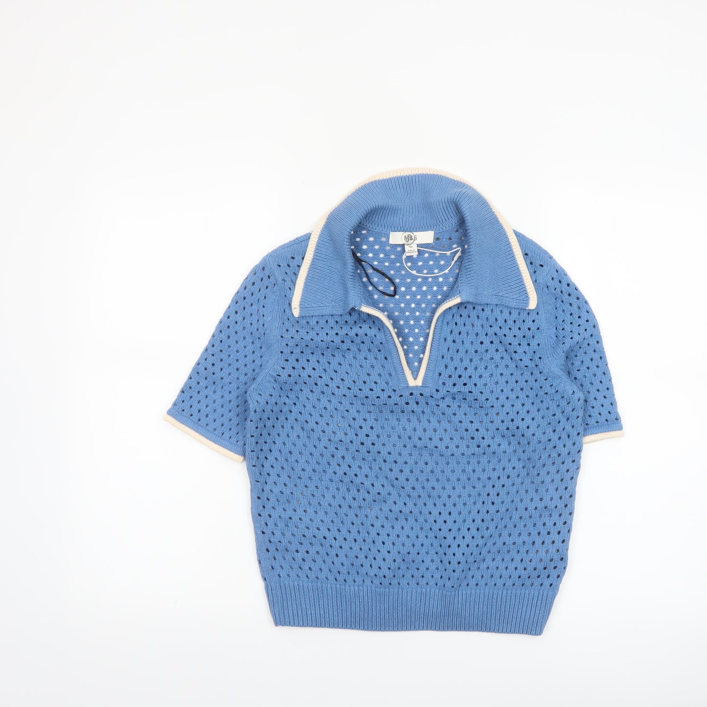 Marks and Spencer Womens Blue Collared Open-Knit Pullover Jumper XS