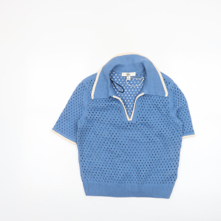 Marks and Spencer Womens Blue Collared Open-Knit Pullover Jumper XS