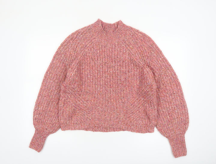 Next Women Pink High Neck Chunky Knit Wool Blend Jumper Size 8