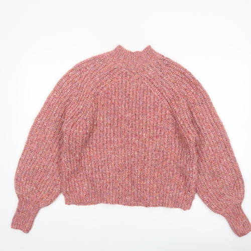 Next Women Pink High Neck Chunky Knit Wool Blend Jumper Size 8