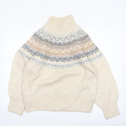 Marks and Spencer Women Oatmeal Fair Isle Mock Neck Jumper Size M