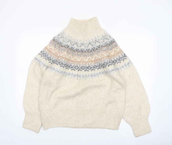 Marks and Spencer Women Oatmeal Fair Isle Mock Neck Jumper Size M