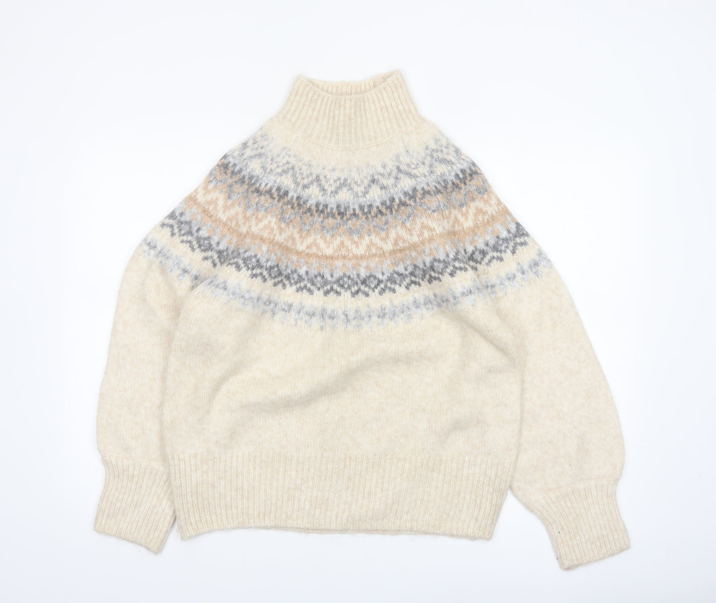 Marks and Spencer Women Oatmeal Fair Isle Mock Neck Jumper Size M