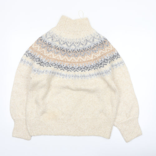 Marks and Spencer Women Oatmeal Fair Isle Mock Neck Jumper Size M