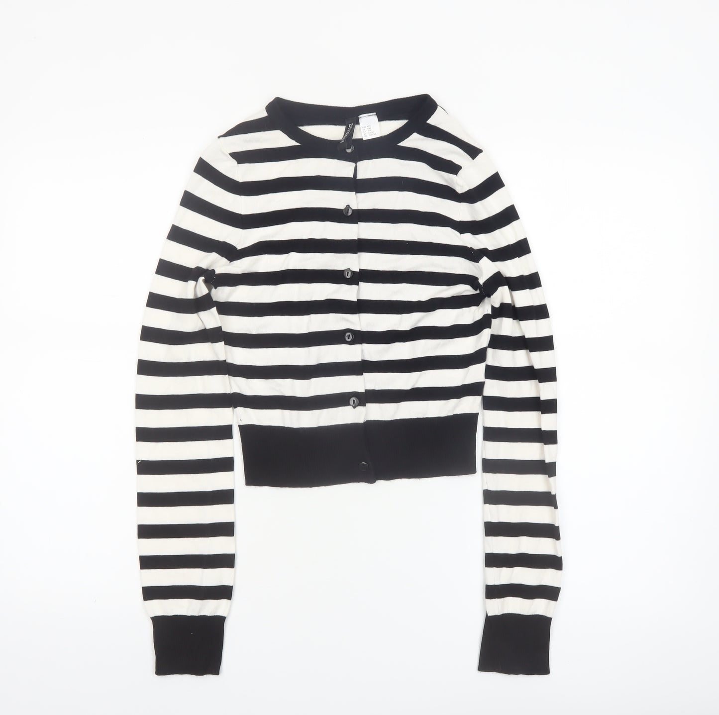 H&M Divided Womens Black White Striped Cardigan XXS Crew Neck