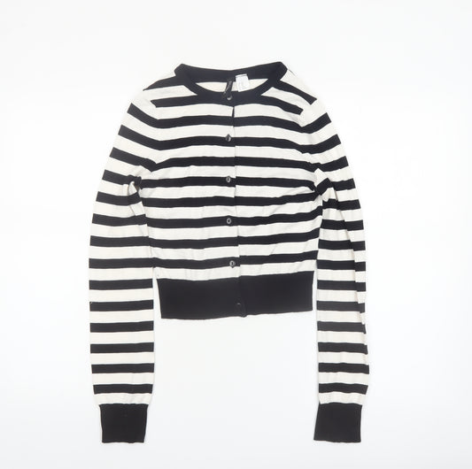 H&M Divided Womens Black White Striped Cardigan XXS Crew Neck