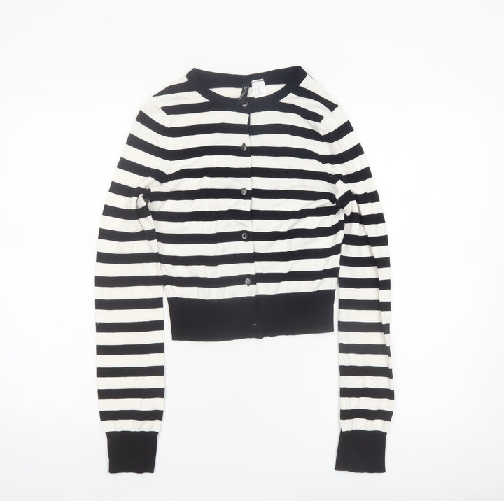 H&M Divided Womens Black White Striped Cardigan XXS Crew Neck