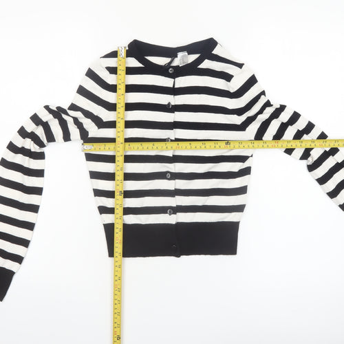 H&M Divided Womens Black White Striped Cardigan XXS Crew Neck