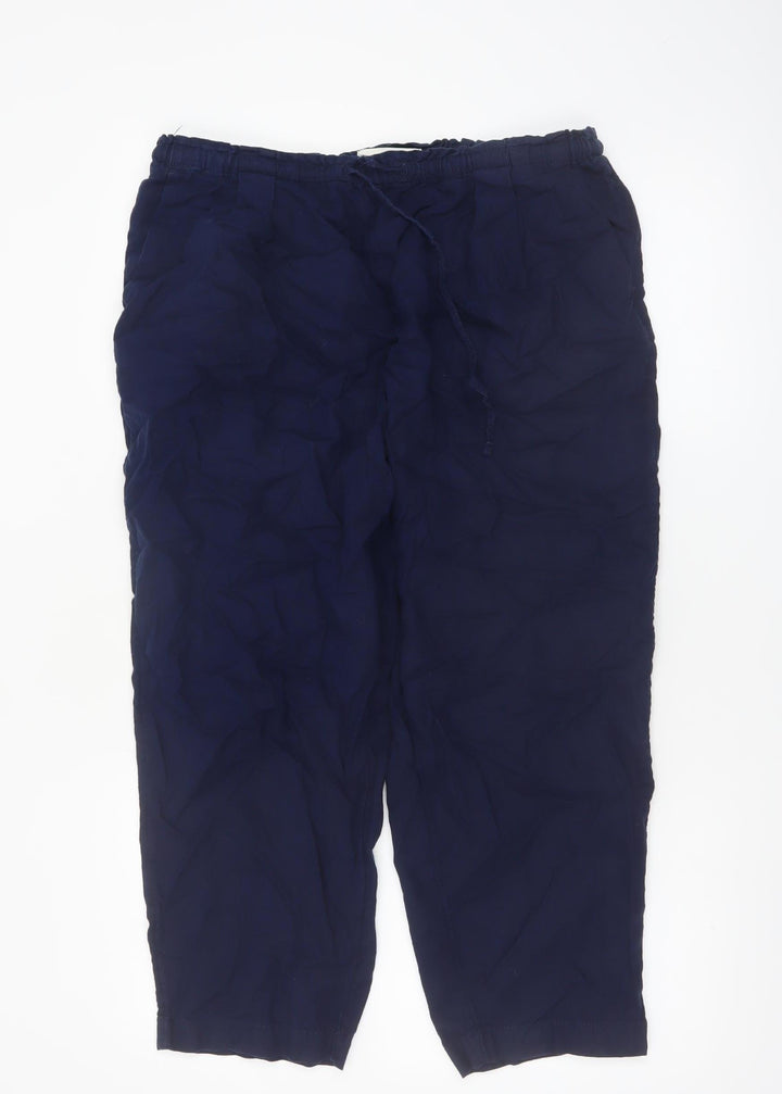 Marks and Spencer Womens Navy Linen Blend Cropped Trousers Size 14 Short