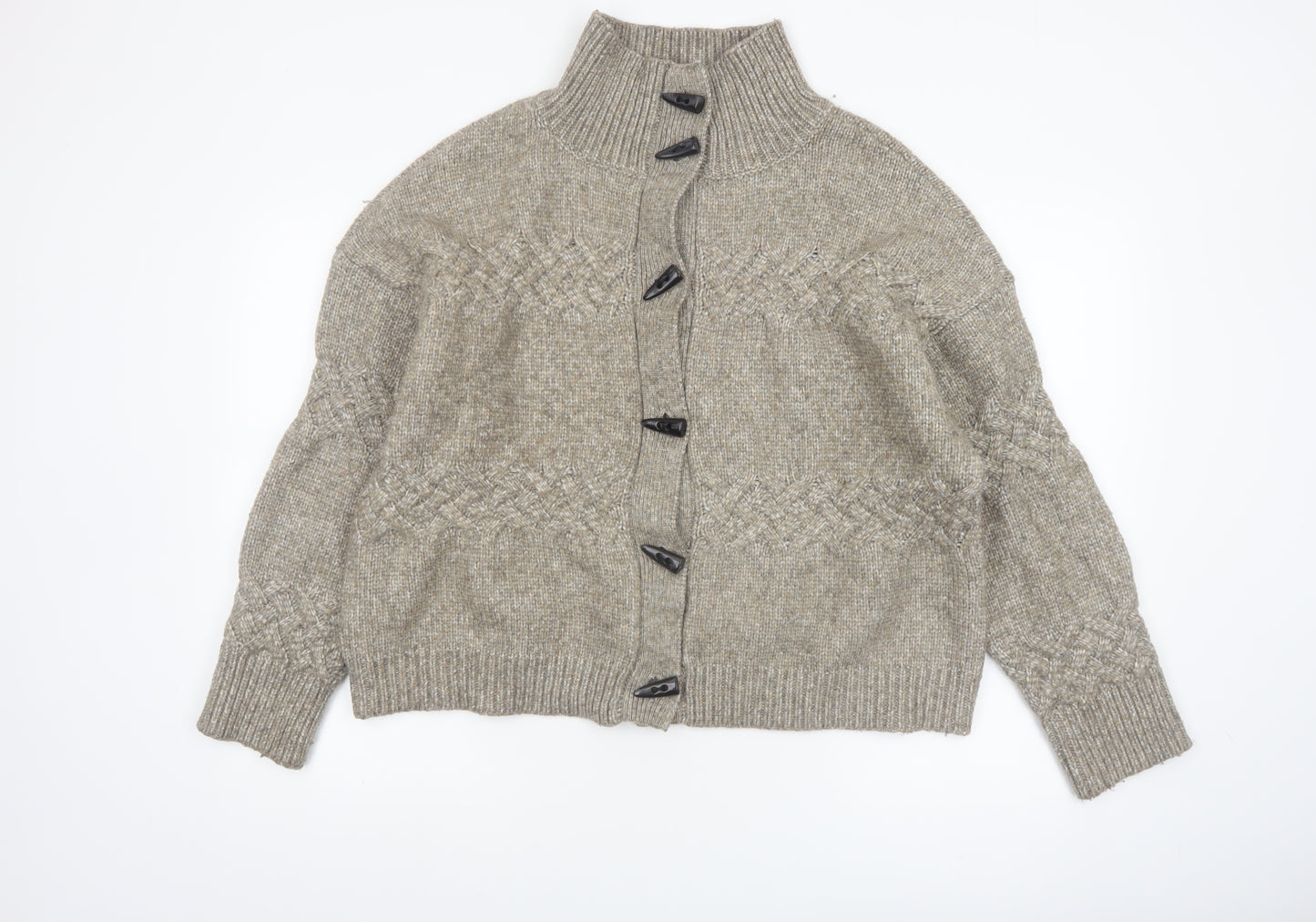 Cyrus Womens Beige Cable-Knit High Neck Button Cardigan Medium