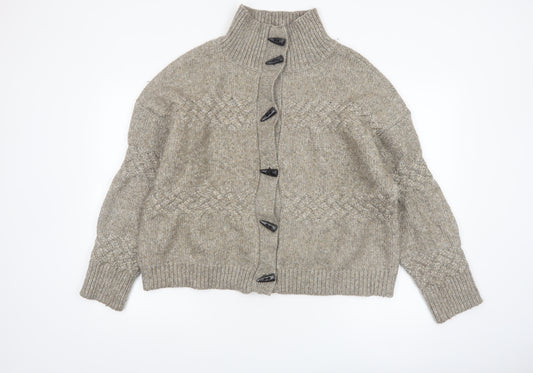 Cyrus Womens Beige Cable-Knit High Neck Button Cardigan Medium
