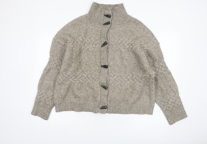 Cyrus Womens Beige Cable-Knit High Neck Button Cardigan Medium