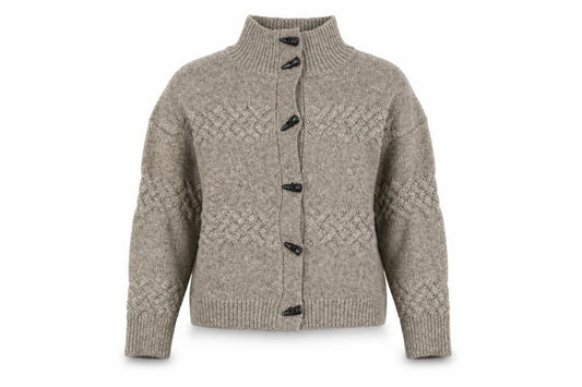 Front view of Cyrus women’s beige cable-knit high neck button cardigan medium
