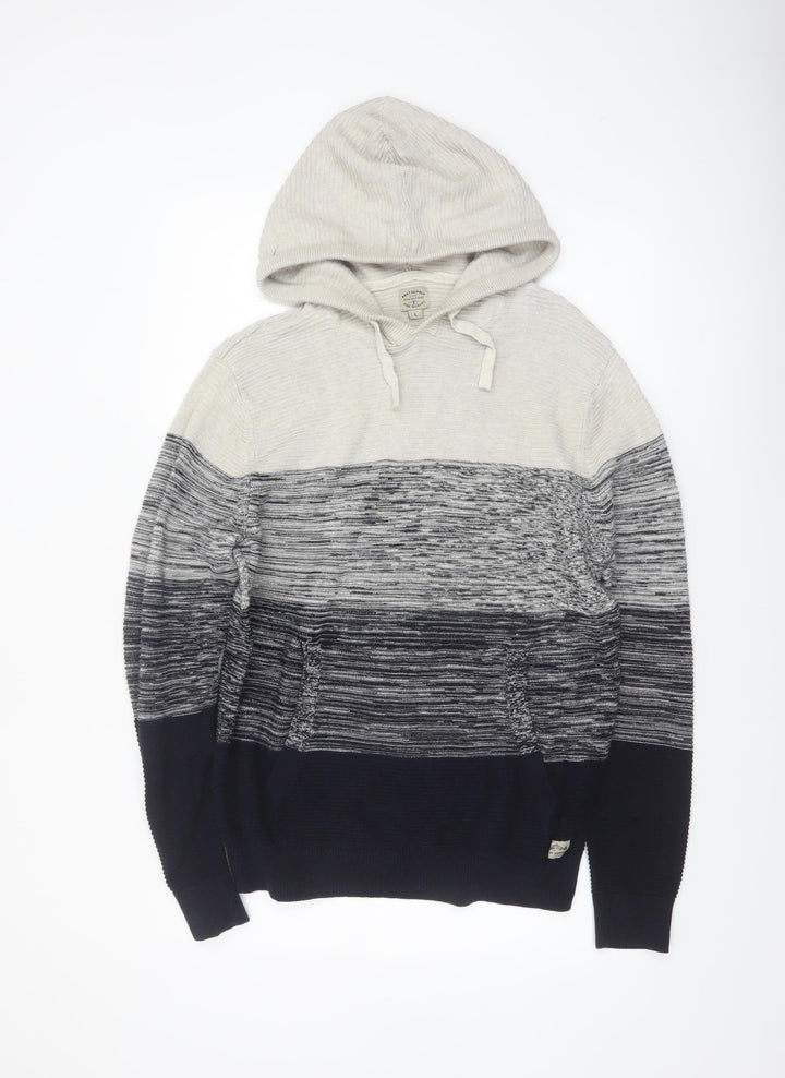 Next Men's Grey Striped Hooded Cotton Knit Jumper Size L