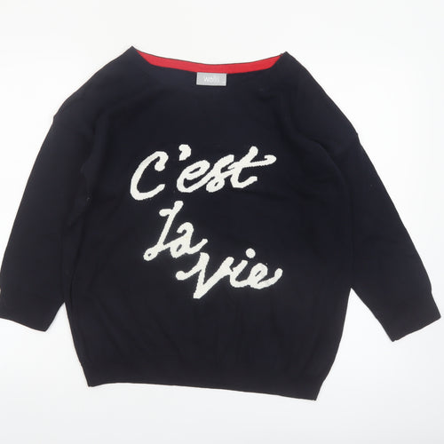 Wallis Women Black 'C'est La Vie' Knit Jumper M 3/4 Sleeve