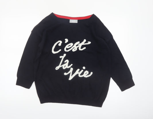 Wallis Women Black 'C'est La Vie' Knit Jumper M 3/4 Sleeve