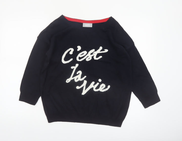 Wallis Women Black 'C'est La Vie' Knit Jumper M 3/4 Sleeve