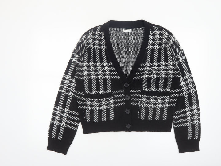 Noisy May Women’s Black Check Cardigan Size M V-Neck Knit
