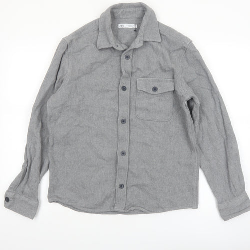 ZARA Women Grey Cotton Flannel Long Sleeve Button-Up Shirt Size 12