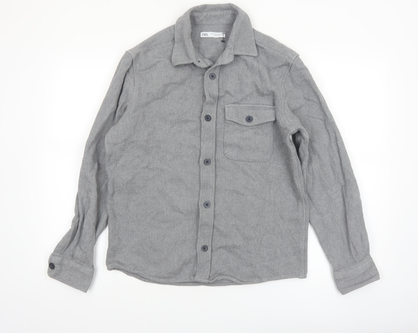 ZARA Women Grey Cotton Flannel Long Sleeve Button-Up Shirt Size 12