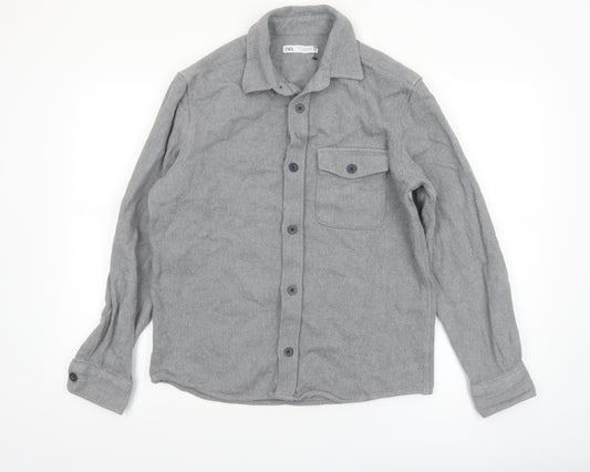 ZARA Women Grey Cotton Flannel Long Sleeve Button-Up Shirt Size 12