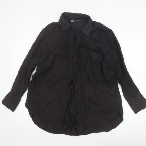 Zara Women Black Linen Long Sleeve Button-Up Shirt Size 10