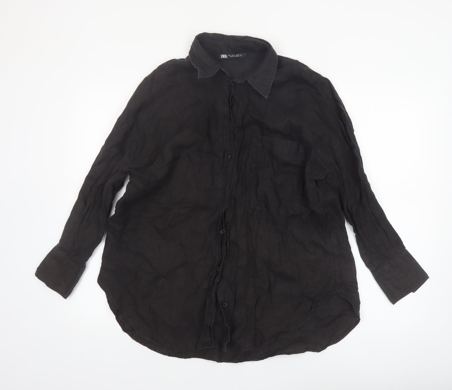 Zara Women Black Linen Long Sleeve Button-Up Shirt Size 10
