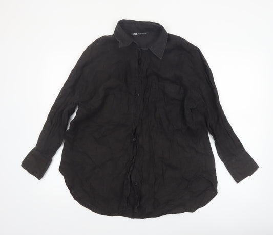 Zara Women Black Linen Long Sleeve Button-Up Shirt Size 10