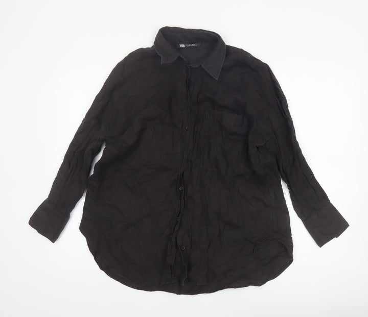 Zara Women Black Linen Long Sleeve Button-Up Shirt Size 10