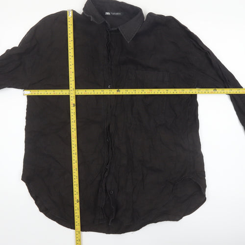 Zara Women Black Linen Long Sleeve Button-Up Shirt Size 10