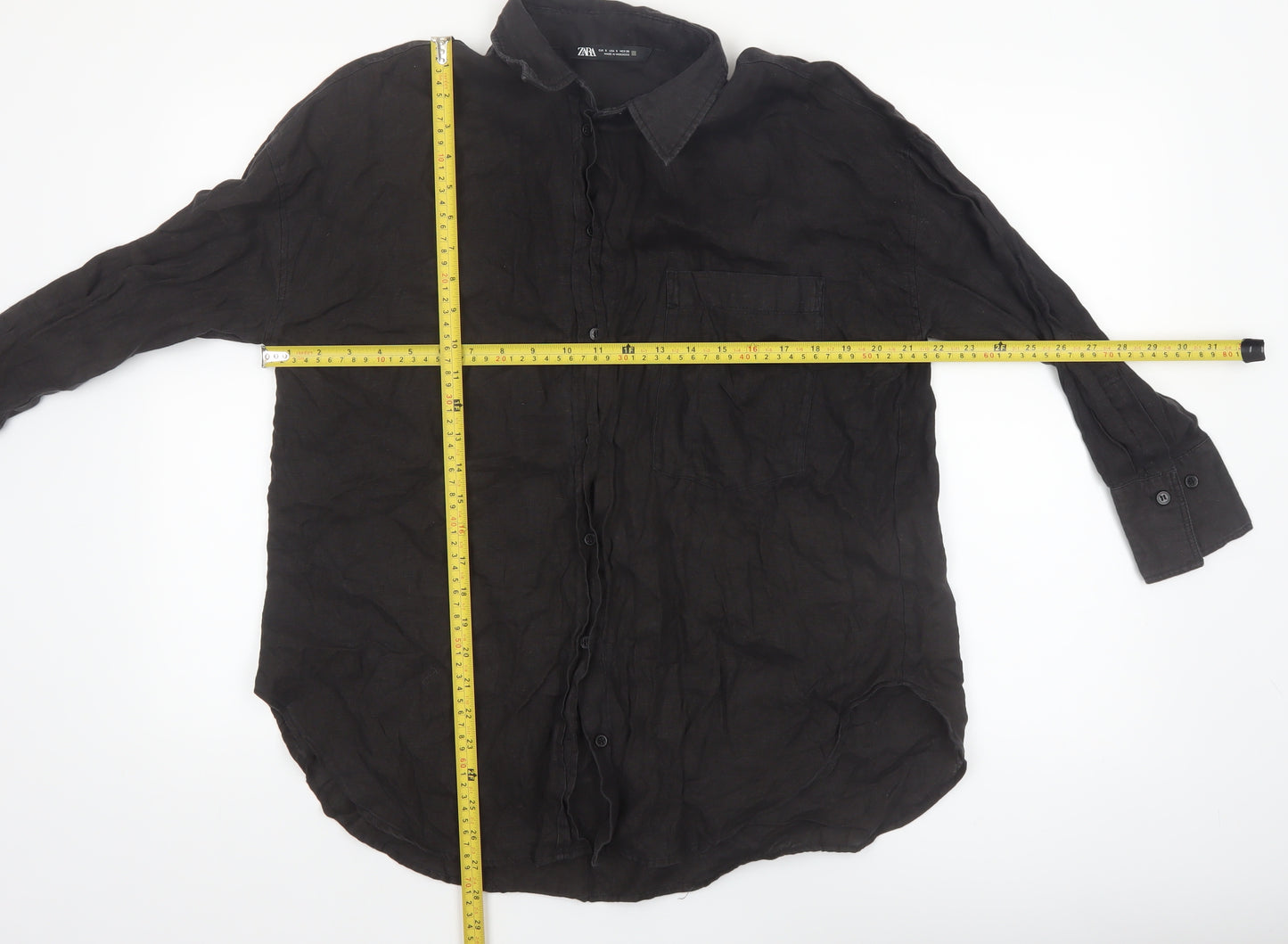 Zara Women Black Linen Long Sleeve Button-Up Shirt Size 10