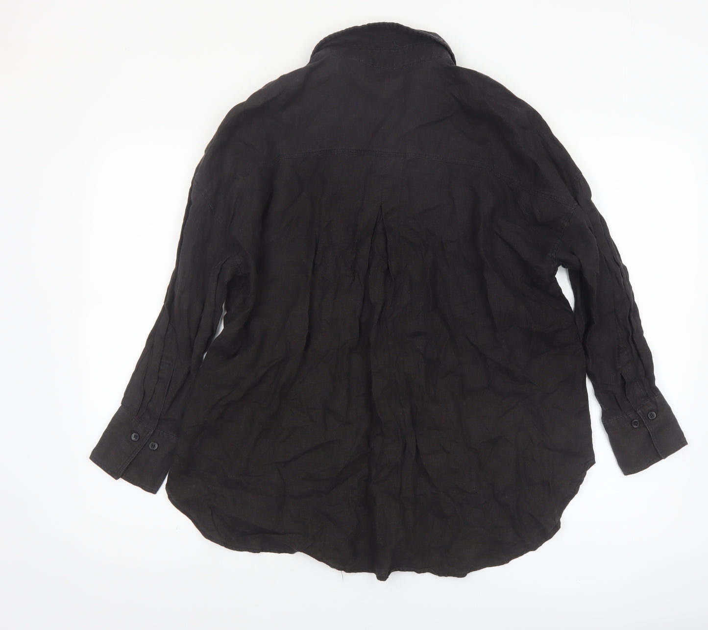 Zara Women Black Linen Long Sleeve Button-Up Shirt Size 10
