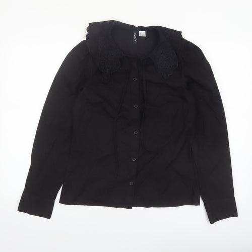 H&M Divided Women’s Black Cotton Embroidered Collar Long Sleeve Blouse XS