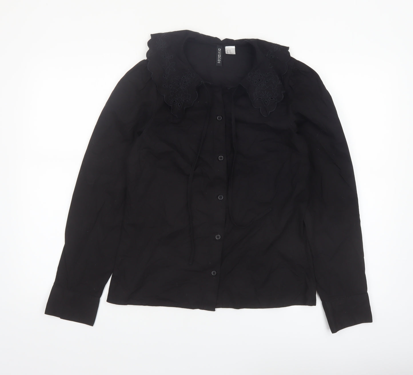H&M Divided Women’s Black Cotton Embroidered Collar Long Sleeve Blouse XS