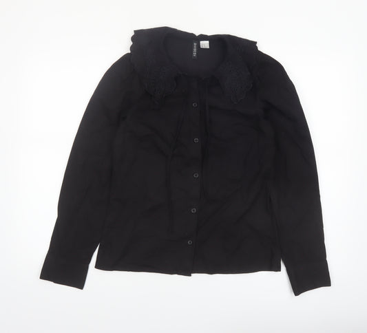 H&M Divided Women’s Black Cotton Embroidered Collar Long Sleeve Blouse XS
