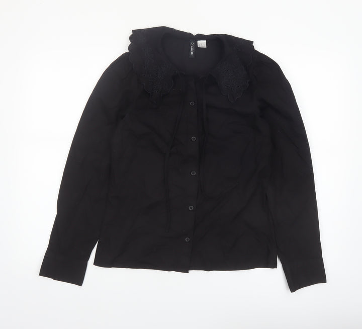 H&M Divided Women’s Black Cotton Embroidered Collar Long Sleeve Blouse XS
