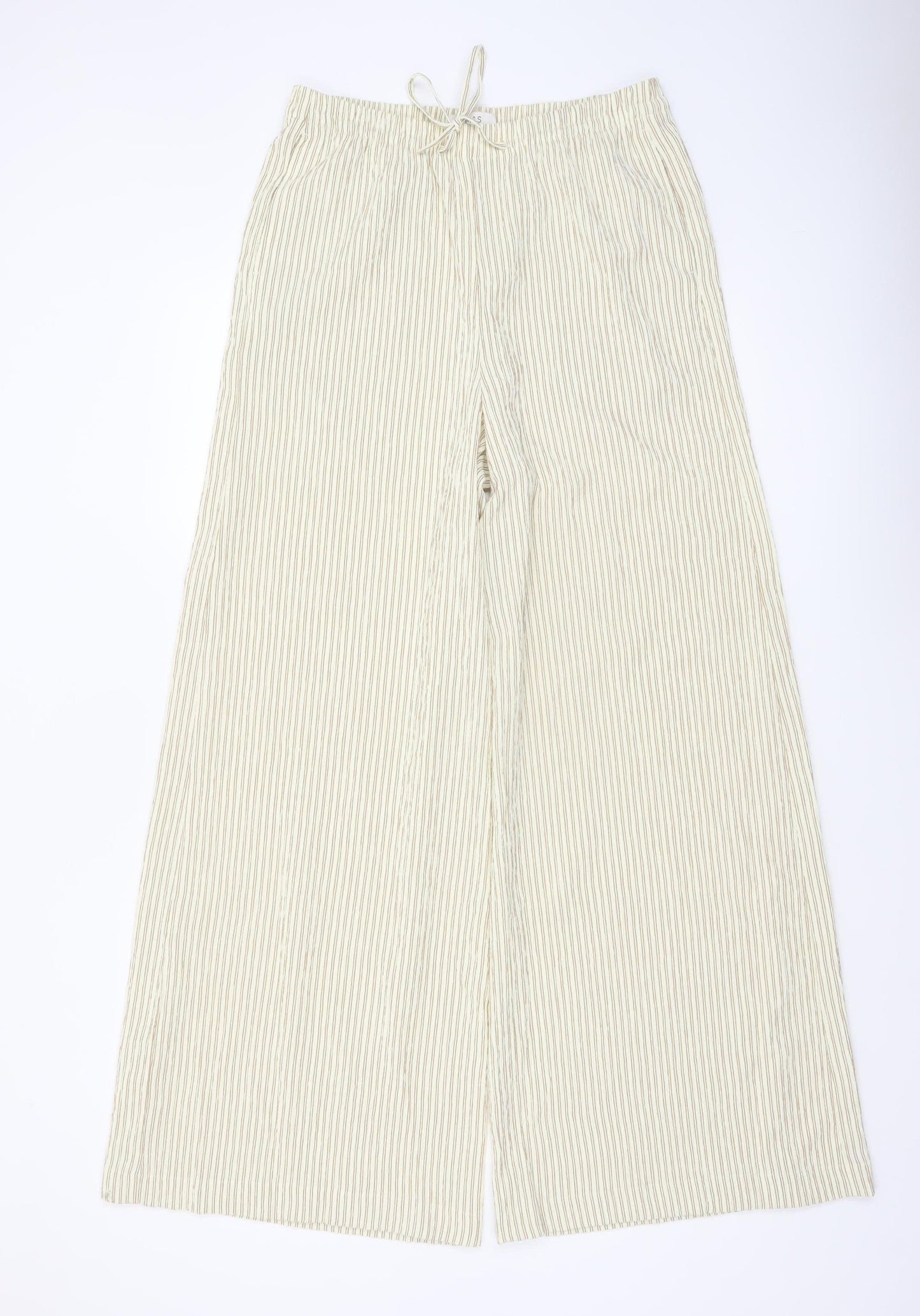 Marks and Spencer Women’s Beige Striped Wide-Leg Drawstring Trousers Size 10
