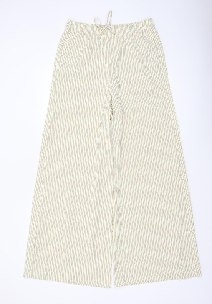 Marks and Spencer Women’s Beige Striped Wide-Leg Drawstring Trousers Size 10