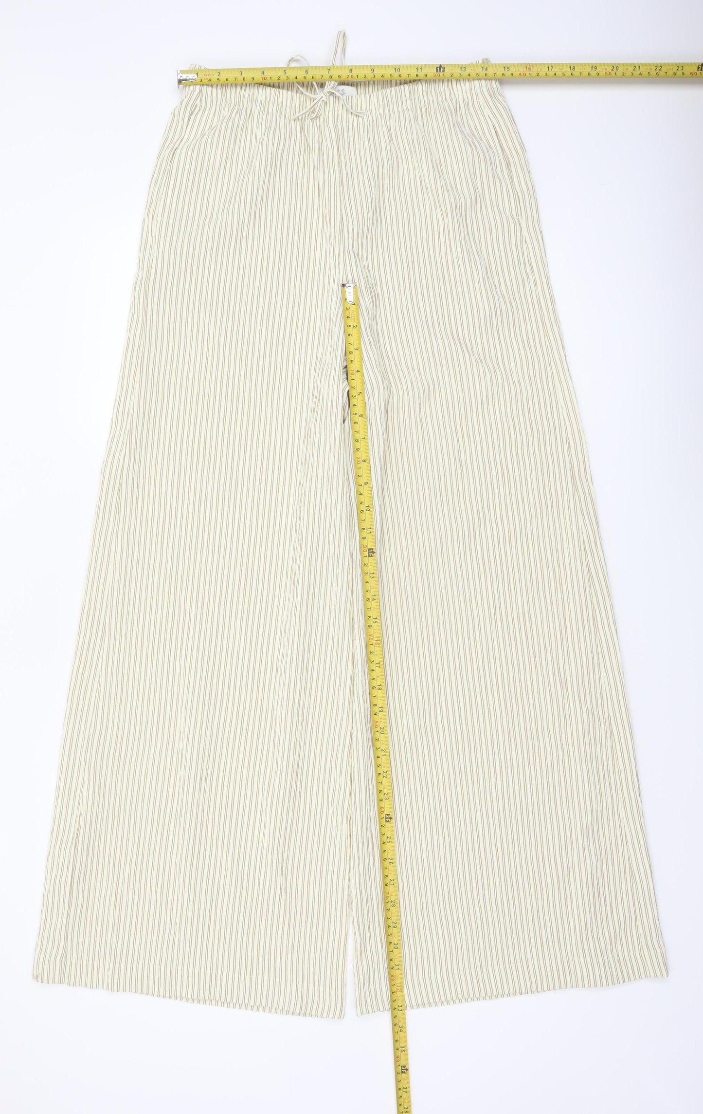 Marks and Spencer Women’s Beige Striped Wide-Leg Drawstring Trousers Size 10