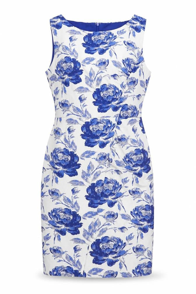 Phase Eight Women’s Blue Floral Sheath Dress Size 16 Sleeveless Knee Length