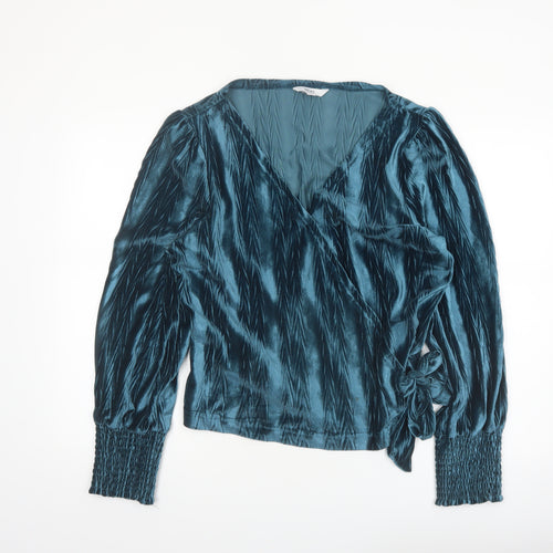 Next Women’s Blue Velvet Wrap Blouse Size 16 Long Sleeve