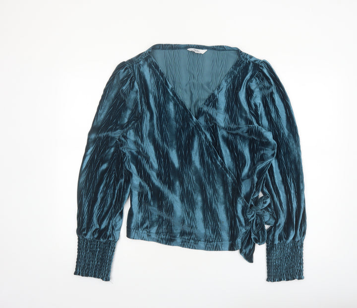 Next Women’s Blue Velvet Wrap Blouse Size 16 Long Sleeve