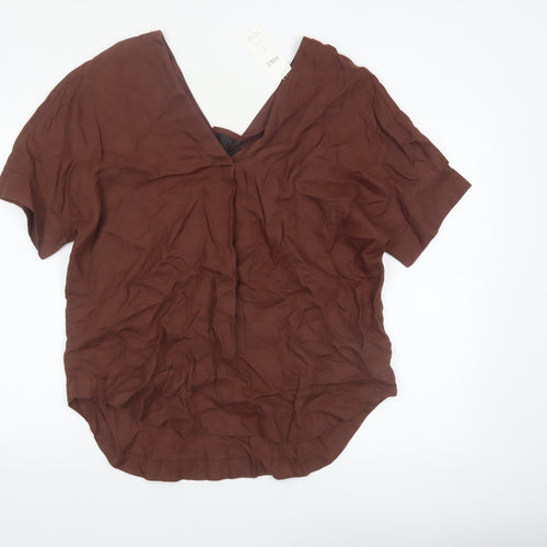Marks and Spencer Women's Brown Pure Linen V-Neck Short Sleeve Blouse Size 14