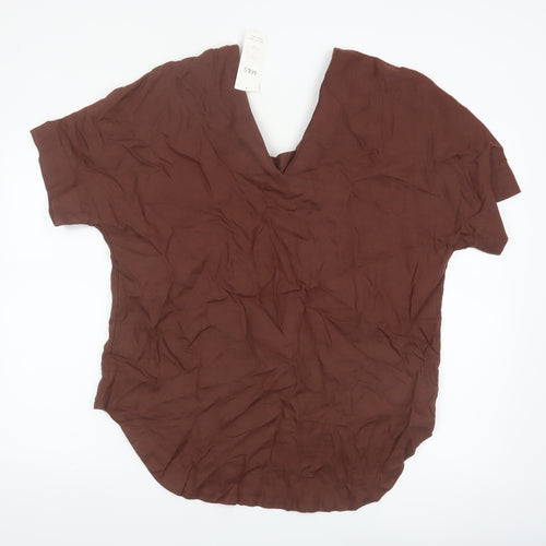 Marks and Spencer Women's Brown Pure Linen V-Neck Short Sleeve Blouse Size 14