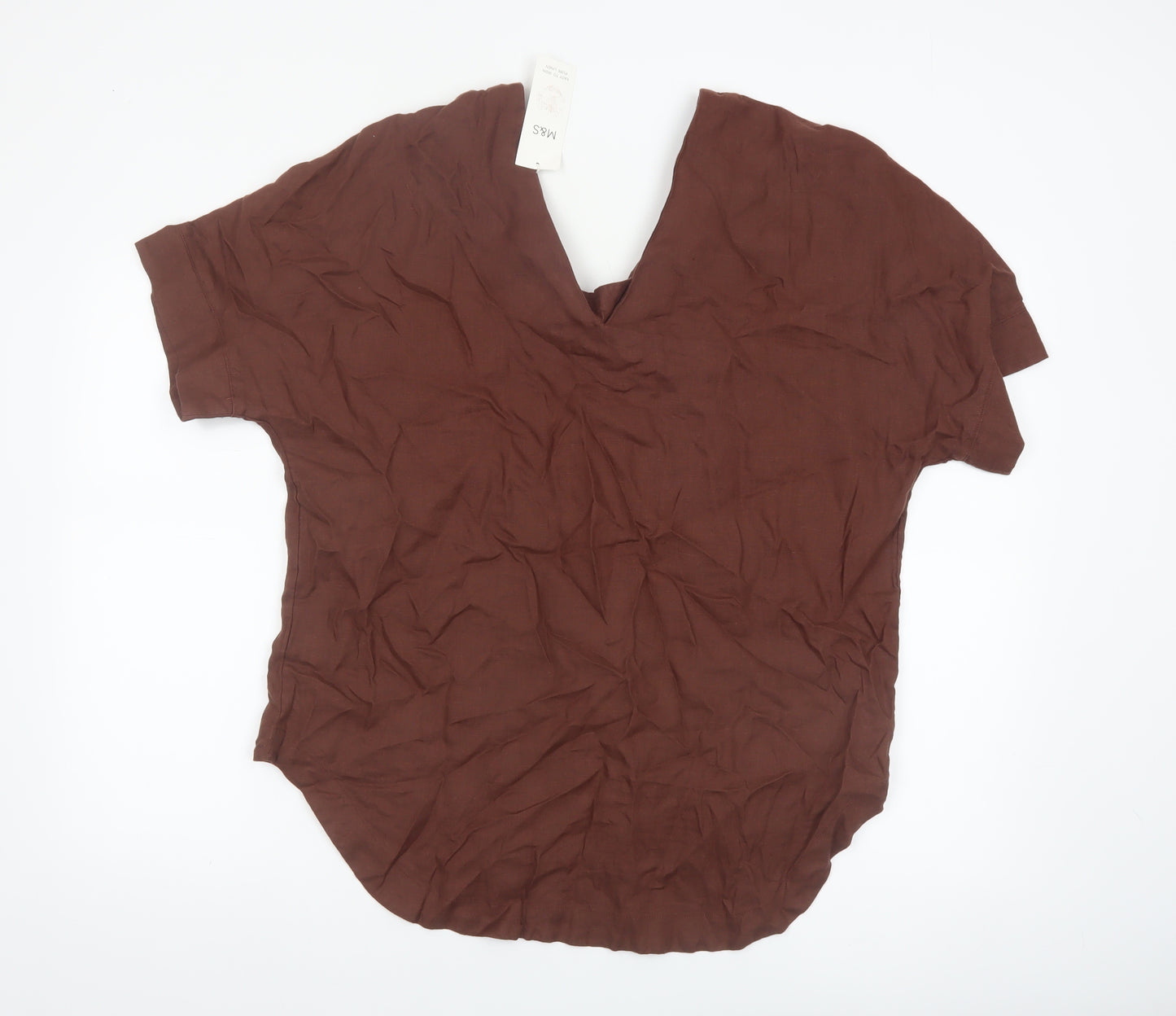 Marks and Spencer Women's Brown Pure Linen V-Neck Short Sleeve Blouse Size 14