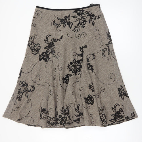 Monsoon Women Beige Floral A-Line Midi Skirt Size 12 Wool Blend