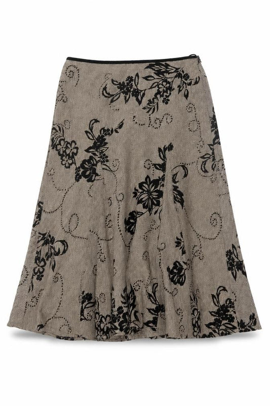 Front view of Monsoon Women Beige Floral A-Line Midi Skirt, size 12, Wool Blend