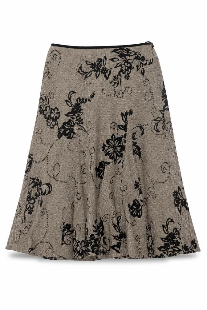 Monsoon Women Beige Floral A-Line Midi Skirt Size 12 Wool Blend