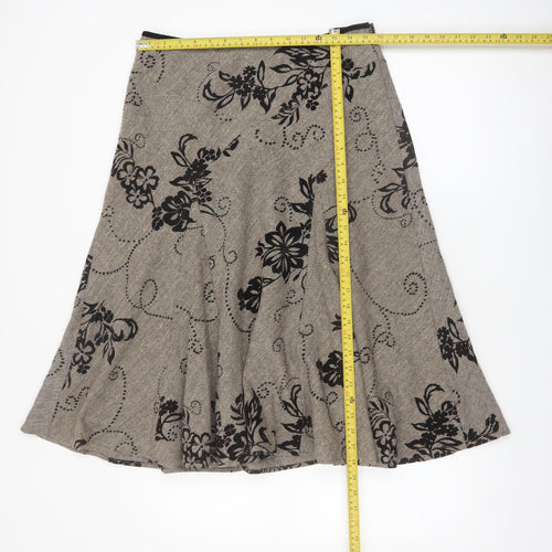 Monsoon Women Beige Floral A-Line Midi Skirt Size 12 Wool Blend