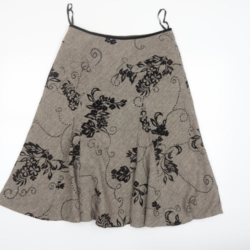 Monsoon Women Beige Floral A-Line Midi Skirt Size 12 Wool Blend